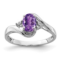 Sterling Silver Rhodium Plated Diamond and Amethyst Oval Ring view 1