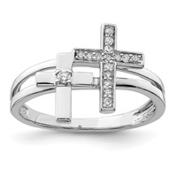 Sterling Silver Rhodium Plated Diamond Crosses Ring view 1