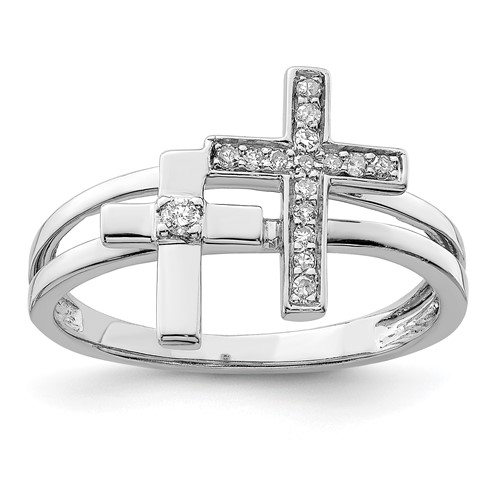 Sterling Silver Rhodium Plated Diamond Crosses Ring