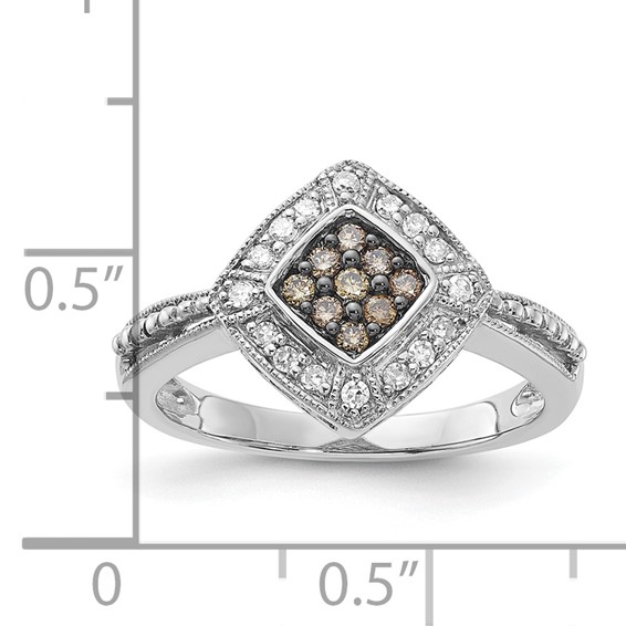 Sterling Silver Champagne & Clear Diamond & Small Diamond Shape Ring