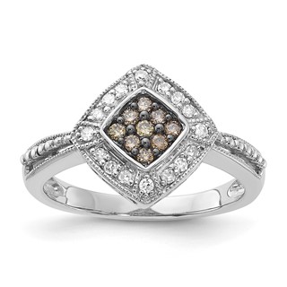 Sterling Silver Champagne & Clear Diamond & Small Diamond Shape Ring