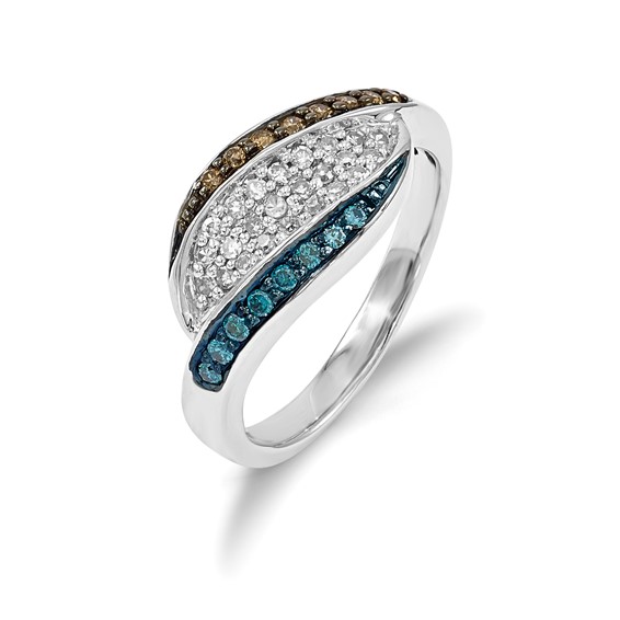 Sterling Silver White, Champagne & Blue Diamond Antiqued Ring