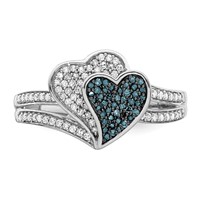 White Night Sterling Silver Rhodium-plated Blue and White Diamond Hearts Ring view 4