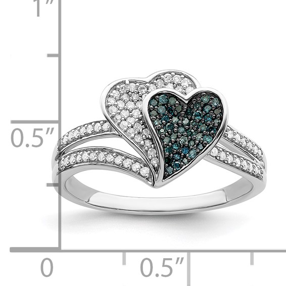 White Night Sterling Silver Rhodium-plated Blue and White Diamond Hearts Ring