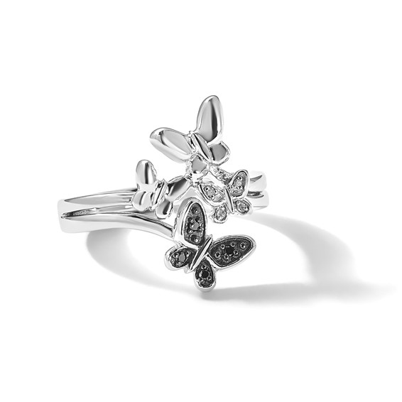 White Night Sterling Silver Rhodium-plated White and Black Diamond Butterfly Ring