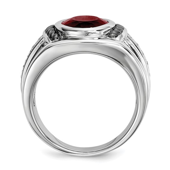 White Night Sterling Silver Black Rhodium-plated Garnet and Diamond Oval Men's Ring