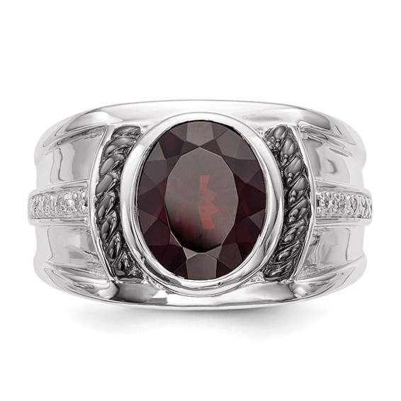 White Night Sterling Silver Black Rhodium-plated Garnet and Diamond Oval Men's Ring