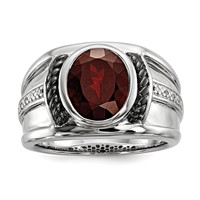 White Night Sterling Silver Black Rhodium-plated Garnet and Diamond Oval Men's Ring view 1