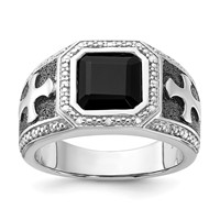 White Night Sterling Silver Black Rhodium-plated Diamond and Onyx Cross Men's Ring view 1