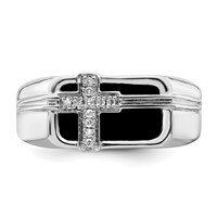 White Night Sterling Silver Rhodium-plated Diamond and Black Onyx Cross Men's Ring view 4