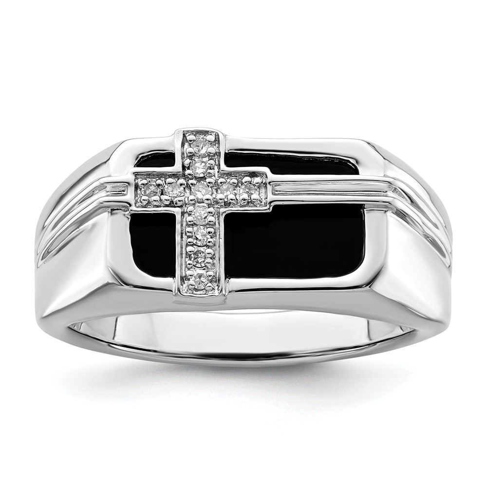 Sterling Silver Rhodium Plated Diamond Black Onyx Cross Men's Ring
