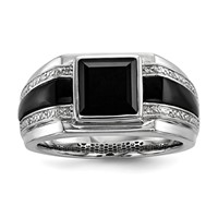White Night Sterling Silver Rhodium-plated Diamond and Onyx Men's Ring view 1