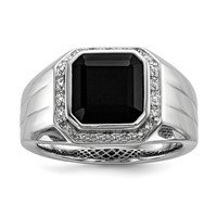 White Night Sterling Silver Rhodium-plated Diamond and Black Onyx Square Men's Ring view 1