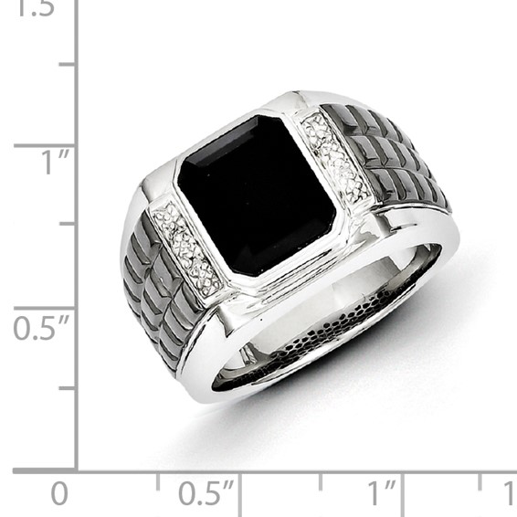 White Night Sterling Silver Black Rhodium-plated Diamond and Onyx Square Men's Ring