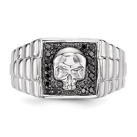 White Night Sterling Silver Rhodium-plated Black Diamond Square Skull Men's Ring view 4