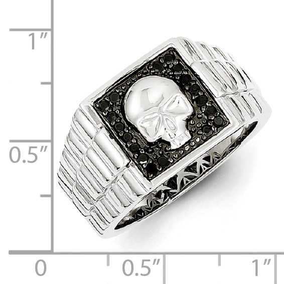 White Night Sterling Silver Rhodium-plated Black Diamond Square Skull Men's Ring