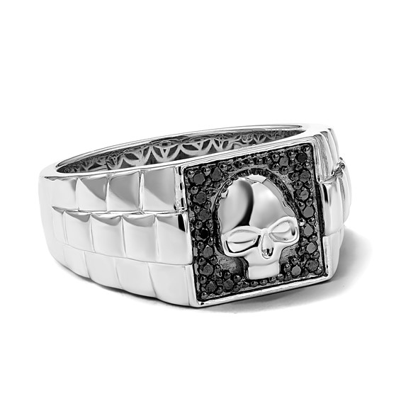 White Night Sterling Silver Rhodium-plated Black Diamond Square Skull Men's Ring