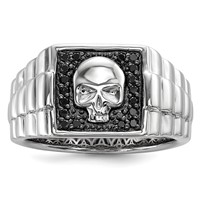 White Night Sterling Silver Rhodium-plated Black Diamond Square Skull Men's Ring view 1