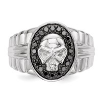 White Night Sterling Silver Rhodium-plated Black Diamond Oval Skull Men's Ring view 4
