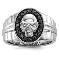 White Night Sterling Silver Rhodium-plated Black Diamond Oval Skull Men's Ring view 1