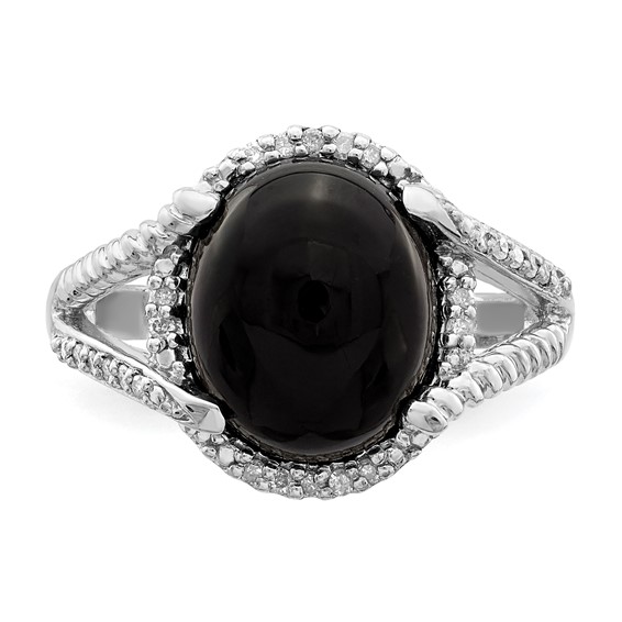 Sterling Silver Rhodium-plated Onyx and Diamond Ring
