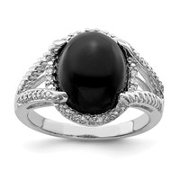 Sterling Silver Rhodium-plated Onyx and Diamond Ring view 1