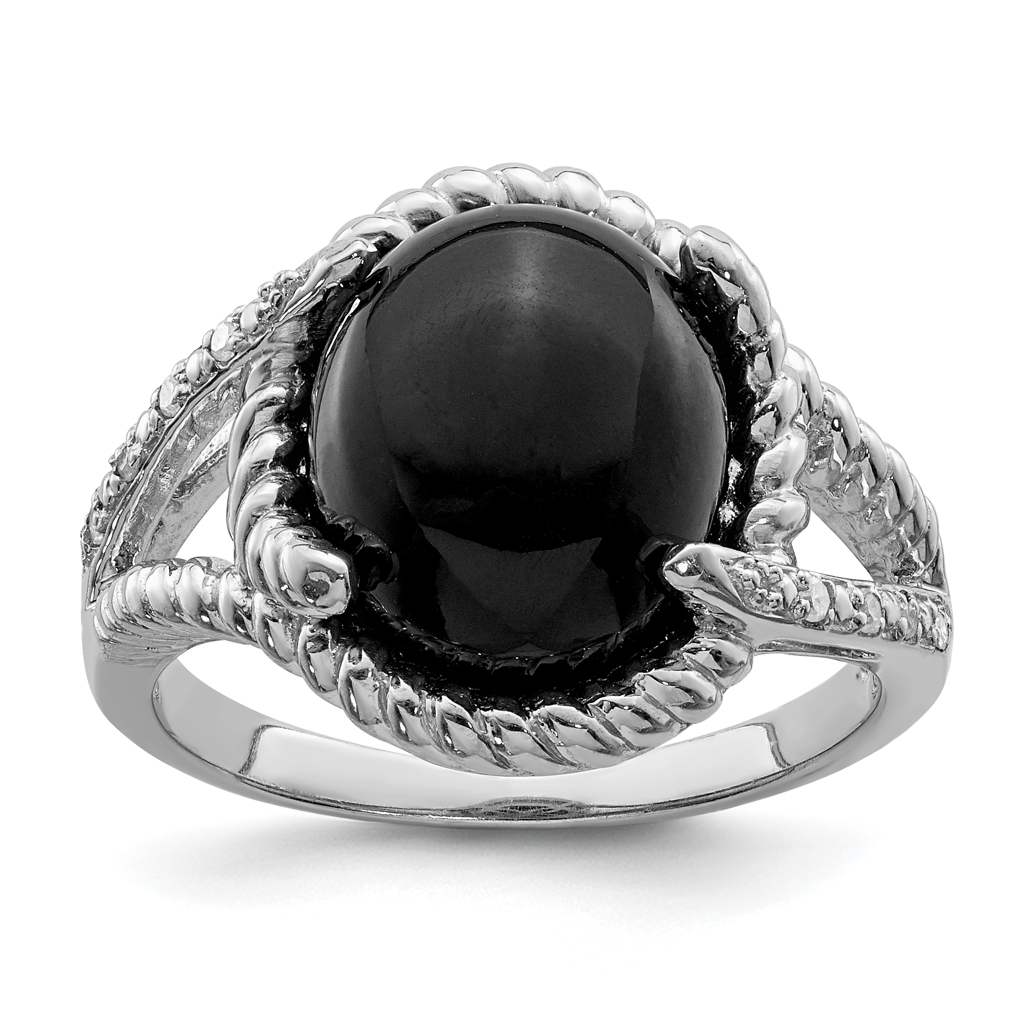 Sterling Silver Rhodium-plated Onyx and Diamond Ring (QR5600-7)