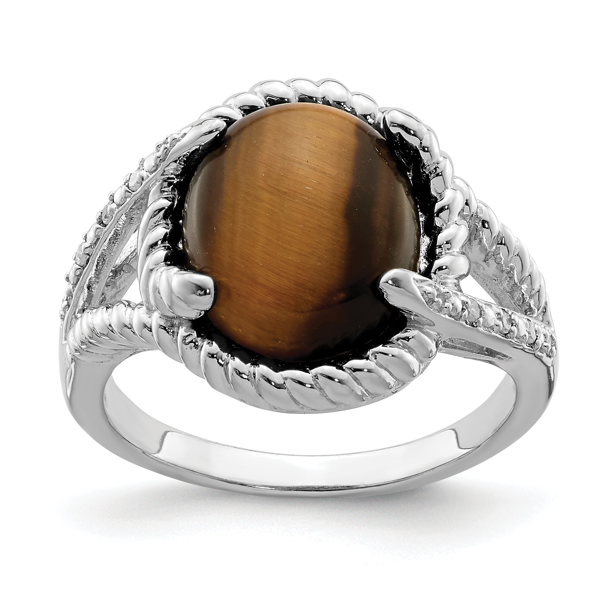Sterling Silver Rhodium-plated Tigers Eye Quartz and Diamond Ring (QR5609-7)