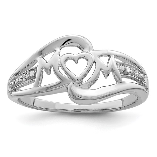 Sterling Silver Rhodium Plated Diamond Heart Mom Ring
