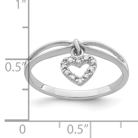 Sterling Silver Rhodium Plated Diamond Heart Dangle Ring