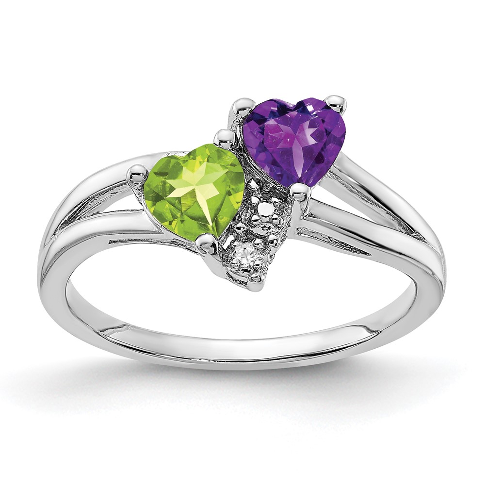 Sterling Silver Rhodium Amethyst and Peridot Diamond Ring for Womens Size 6