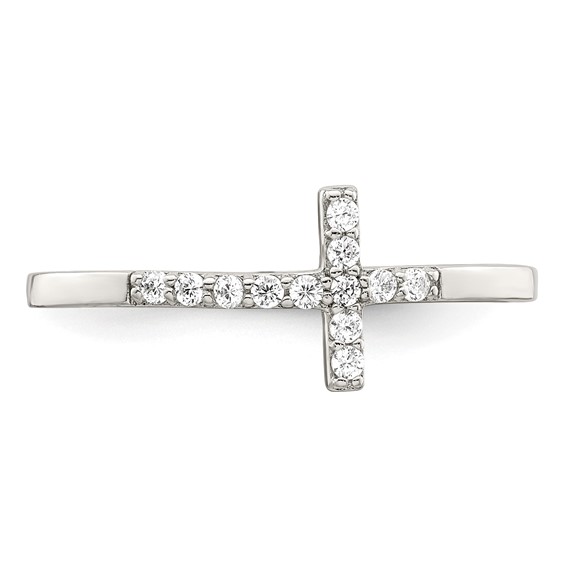 Sterling Silver Rhodium-plated CZ Sideways Cross Ring