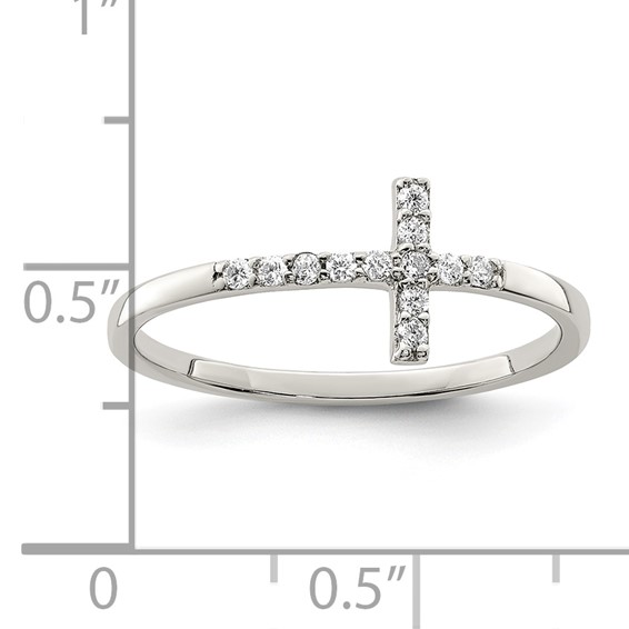 Sterling Silver Rhodium-plated CZ Sideways Cross Ring
