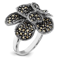 Sterling Silver Polished & Antiqued Marcasite Flower Ring view 1