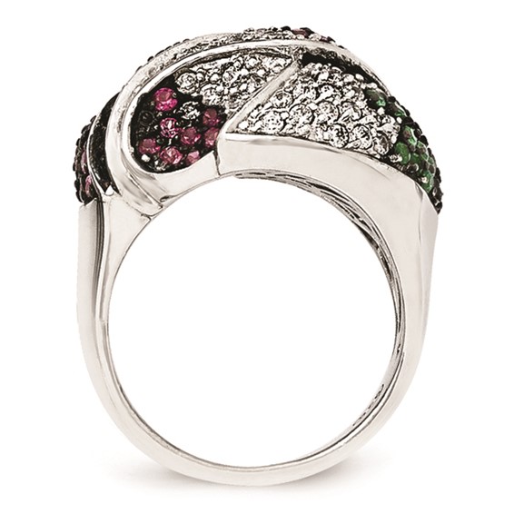 SS Black Rhodium Blue/Grn Glass Lt & Drk Synth. Ruby & CZ Ring