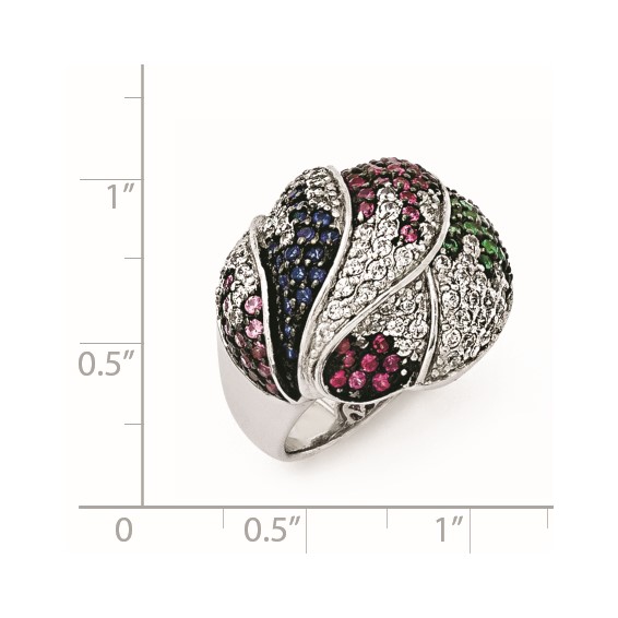 SS Black Rhodium Blue/Grn Glass Lt & Drk Synth. Ruby & CZ Ring