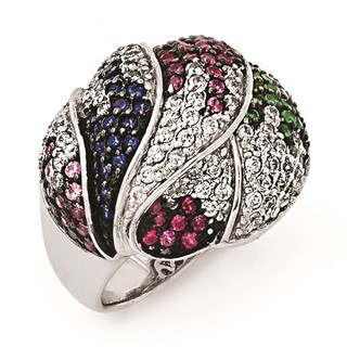 SS Black Rhodium Blue/Grn Glass Lt & Drk Synth. Ruby & CZ Ring