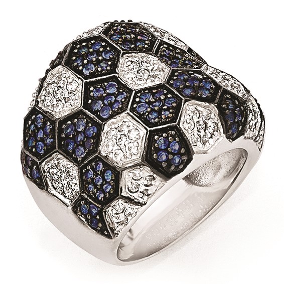 Sterling Silver & Black Rhodium Blue Glass & CZ Ring