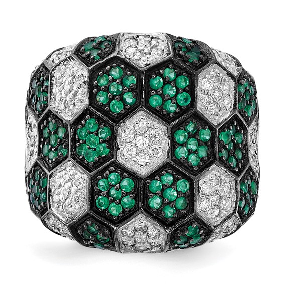 Sterling Silver w/ Black Rhodium Green Glass & CZ Honeycomb Ring