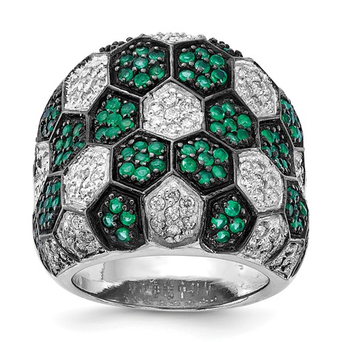 Sterling Silver Ring with Black Rhodium Green Glass & CZ Honeycomb