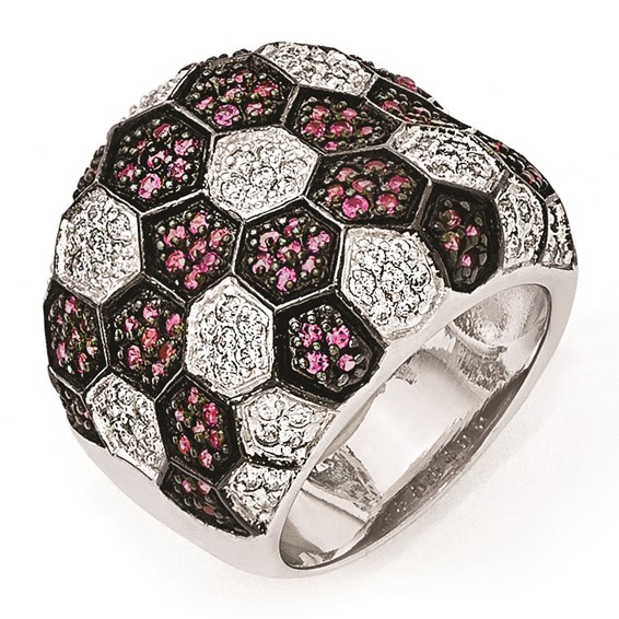Sterling Silver & Black Rhodium Synthetic Ruby & CZ Ring