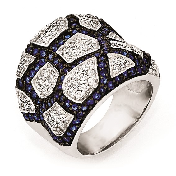 Sterling Silver & Black Rhodium Blue Glass & CZ Ring