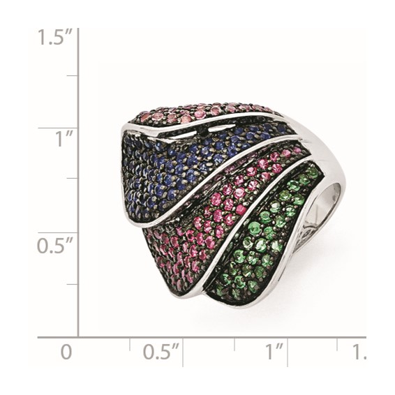 Sterling Silver Black Rhodium Blue/Grn Glass Lt & Drk Synth. Ruby Ring