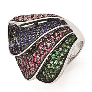 Sterling Silver Black Rhodium Blue/Grn Glass Lt & Drk Synth. Ruby Ring