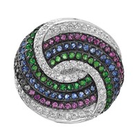 Sterling Silver Black Rhodium Blue Green Glass Synth. Ruby & CZ Ring view 5