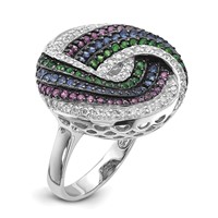 Sterling Silver Black Rhodium Blue Green Glass Synth. Ruby & CZ Ring view 1