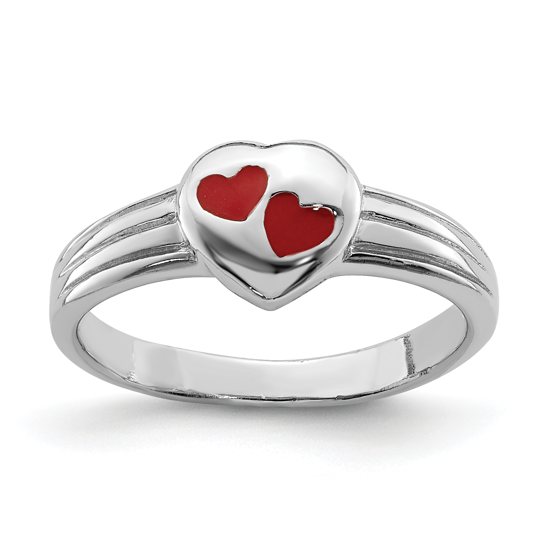 Sterling Silver RH-plated Polished & Red Enameled Heart Children's Ring (QR5957-3)