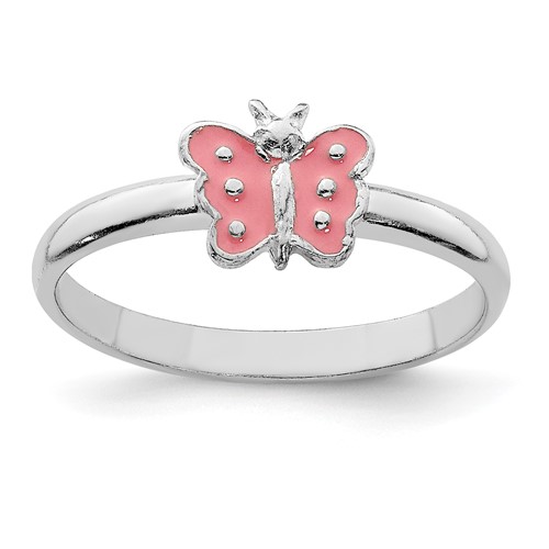 Sterling Silver Rhodium-plated Polished Pink Enameled Butterfly Ring, Size 3