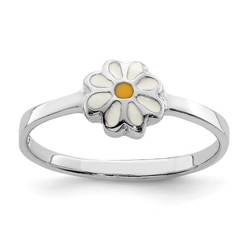 Sterling Silver RH-plated White & Yellow Enameled Daisy Ring