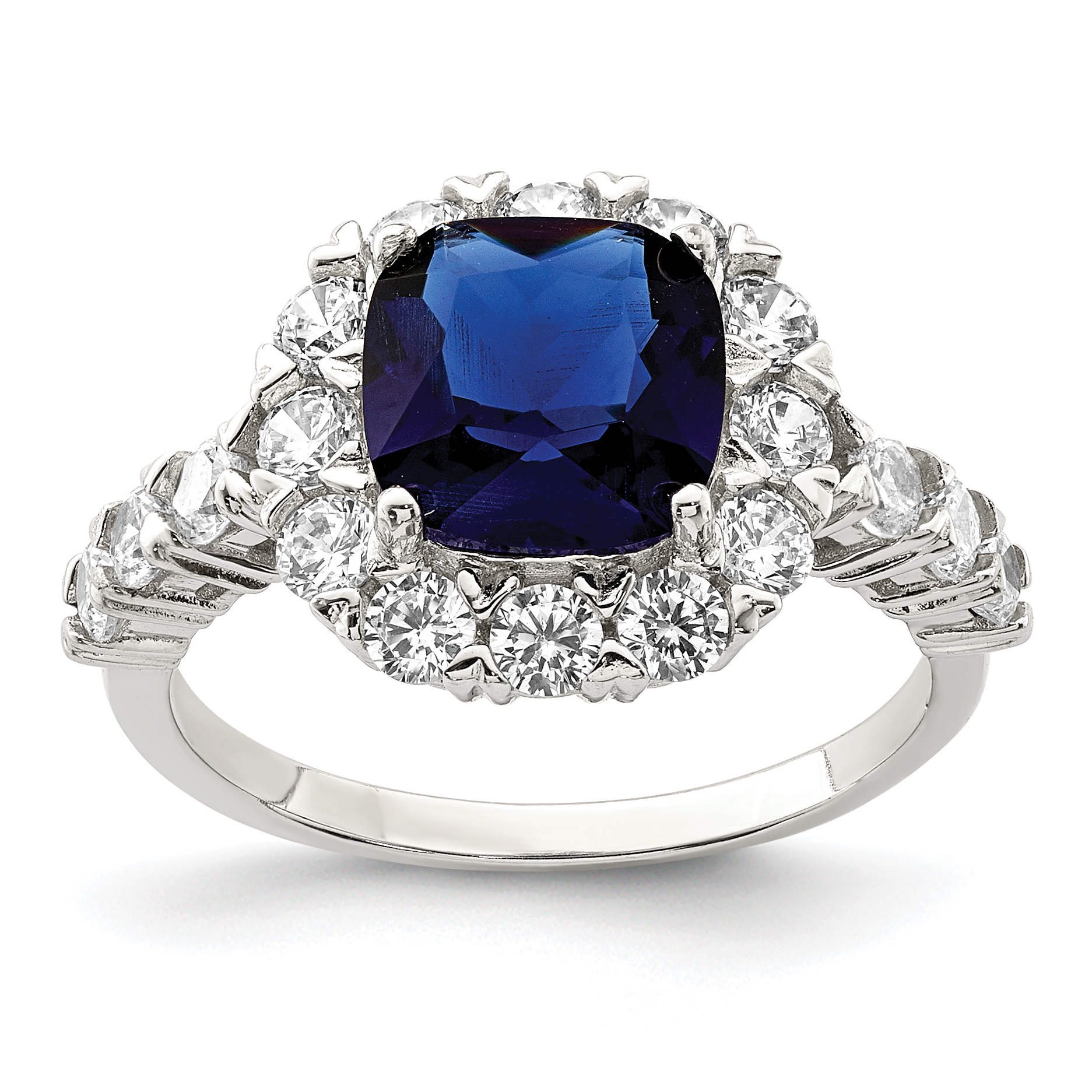 Sterling Silver Rhodium-plated Polished Blue Glass and CZ Ring (QR6003-6)